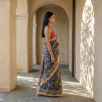 Deep Blue Color Kalamkari Print on Banarasi ArtSilk Saree