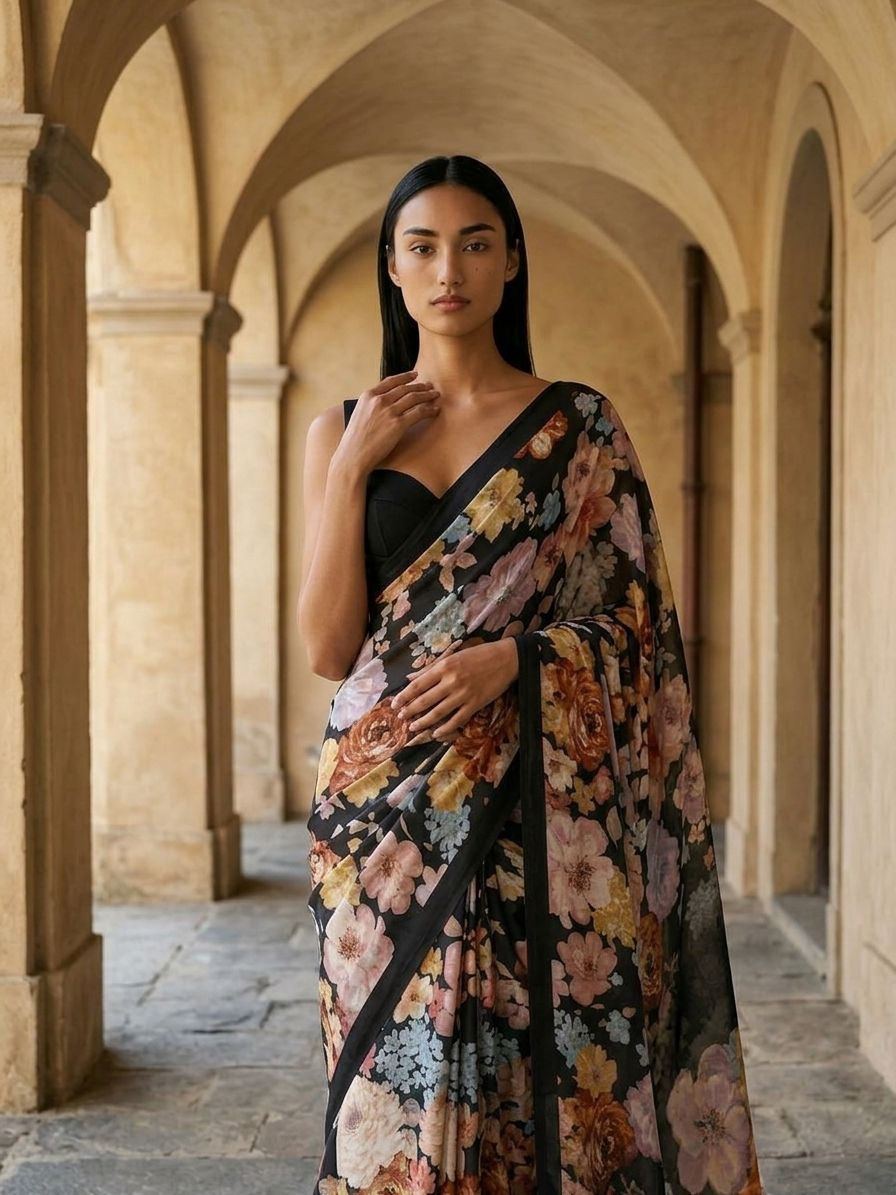 MIdnight Black Floral Design Saree on Mulberry Silk Fabric