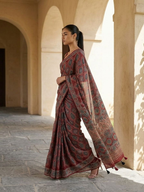 Red Rich Ajrakh Saree On Modal Satin Fabric