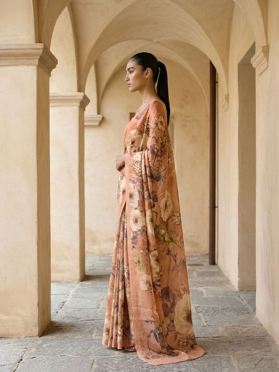 Beige Bloom Royale Mulberry Silk Saree