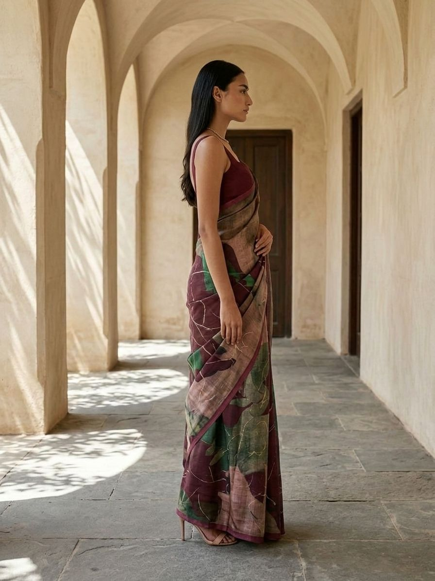 Maroon Color Abstract Digital Print Saree On Modal Satin