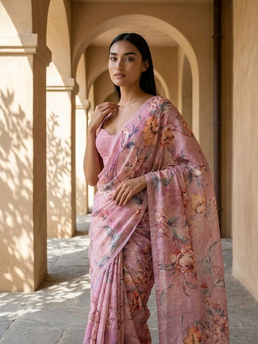 Gul Saree - Unique FLoral Design Digital Print On Tusser Silk