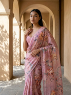 Gul Saree - Unique FLoral Design Digital Print On Tusser Silk