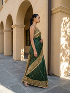 Deep Forest Green Ikkat With Kalamkari Print On Raw ArtSilk Fabric