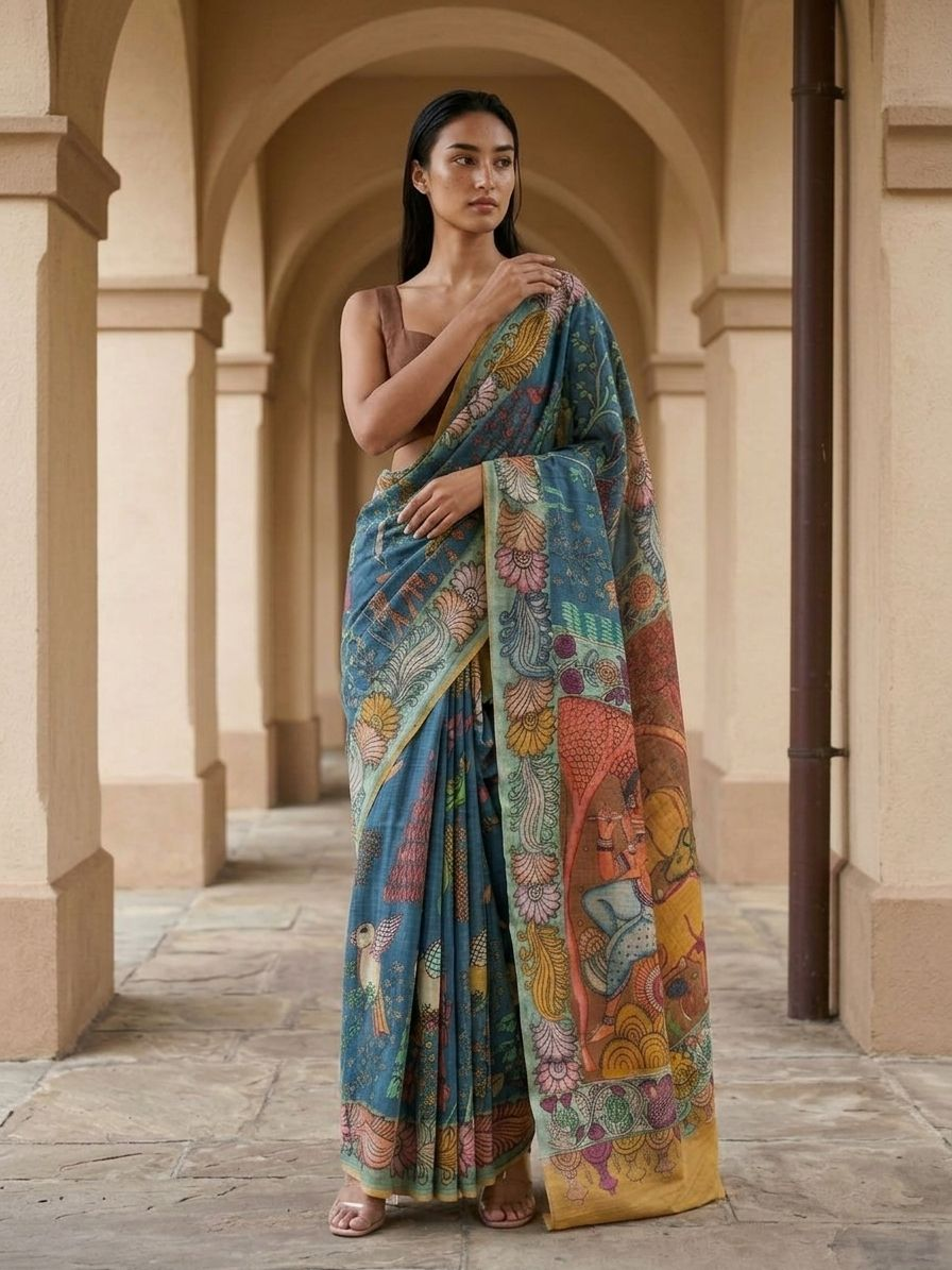 Blue Kalamkari Saree on Banarasi ArtSilk Fabric
