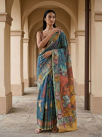 Blue Kalamkari Saree on Banarasi ArtSilk Fabric