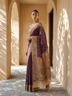 Purple Ikkat With Kalamkari Print On Raw Art Silk Fabric