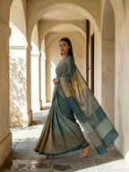 Navy Blue With Tusser Color Coral Geomteric Design On Modal Satin Fabric