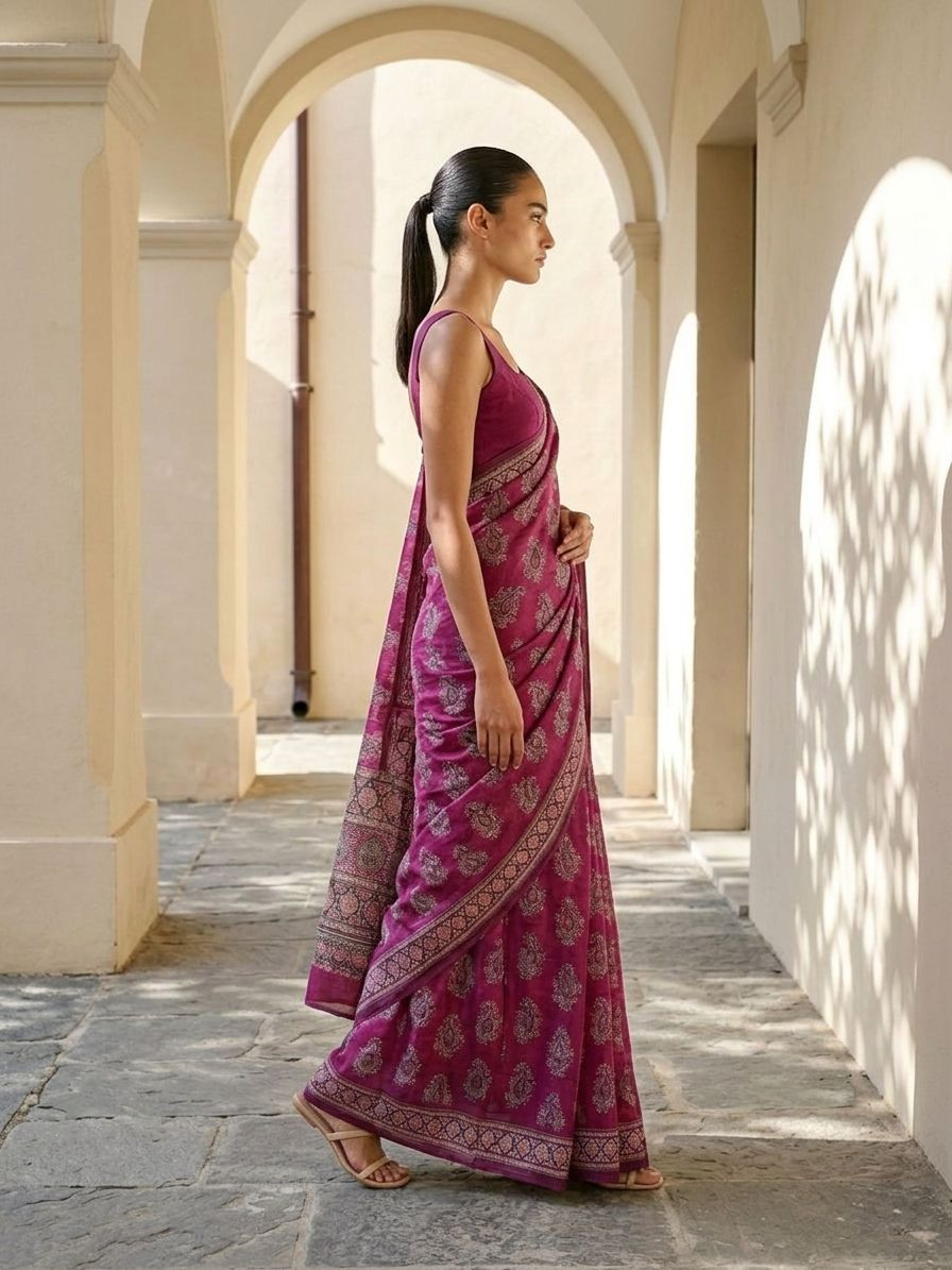 Pink Moonlight Ajrakh On Modal Satin Fabric