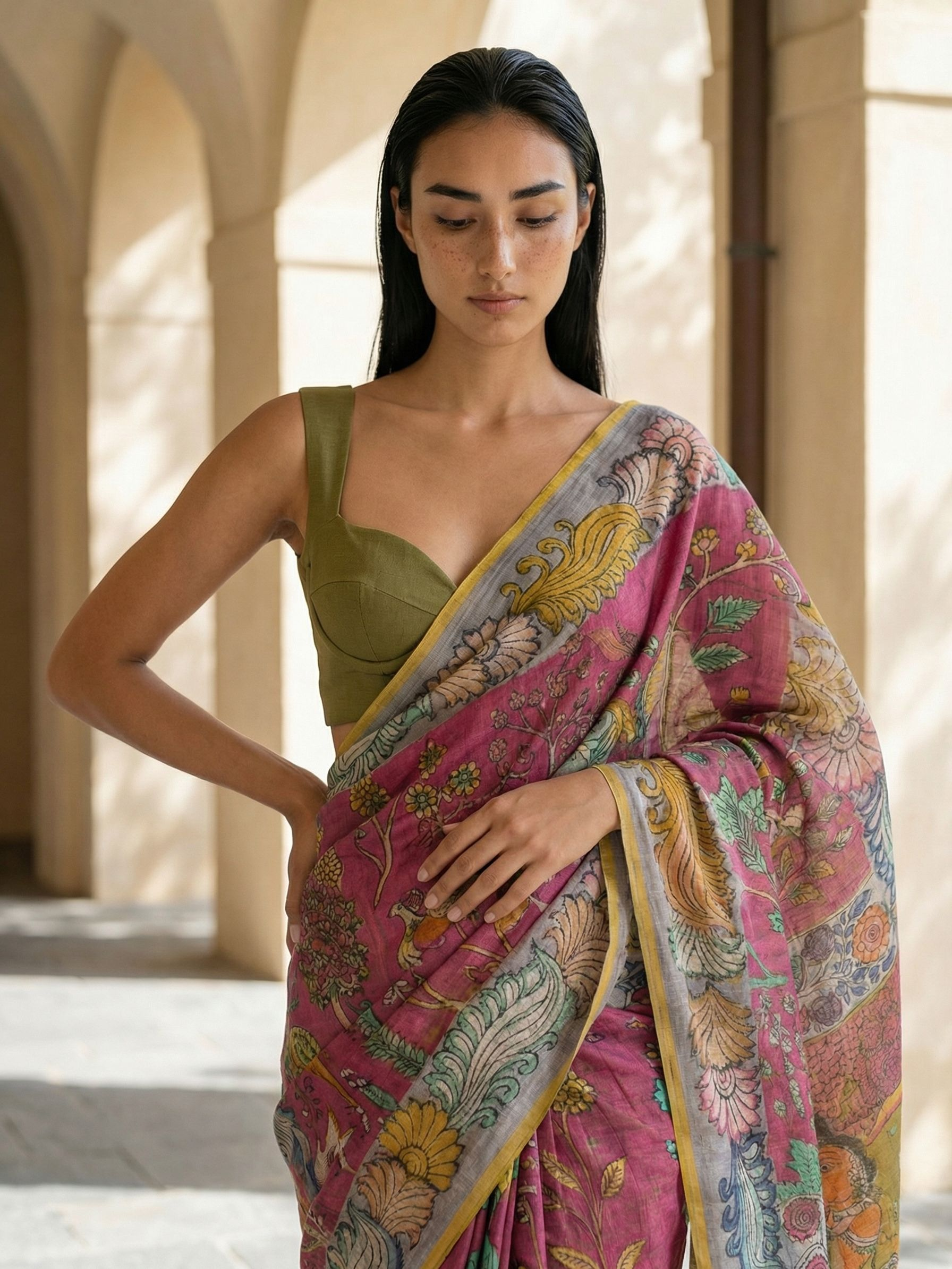 Red Kalamkari Saree on Banarasi Artsilk Fabric
