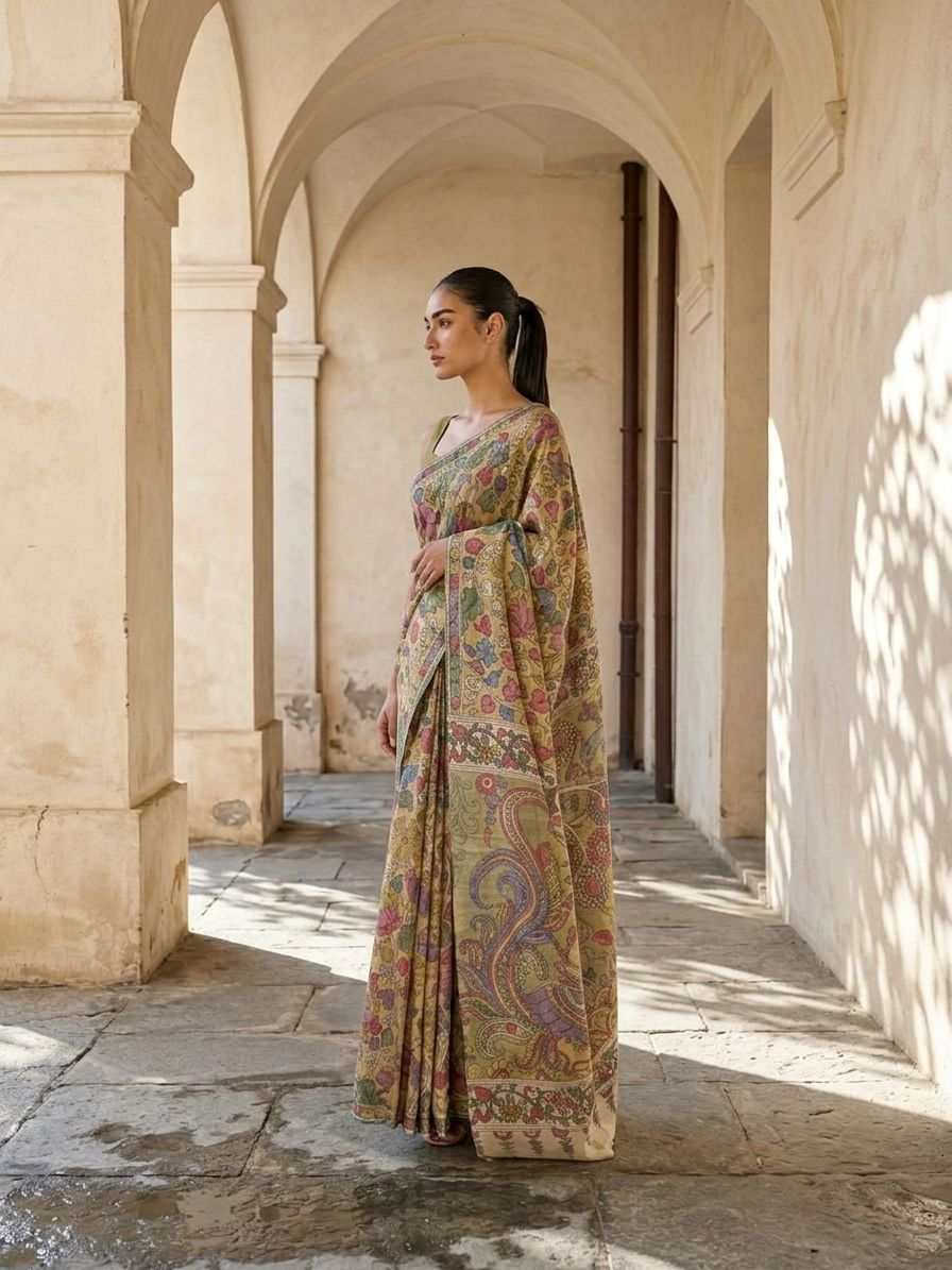 Mustard Yellow Lotus Kalamkari On Banarasi ArtSilk Fabric