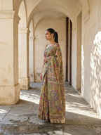 Mustard Yellow Lotus Kalamkari On Banarasi ArtSilk Fabric