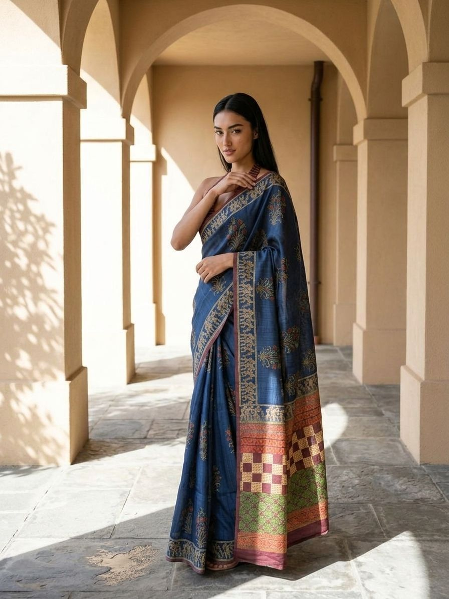 Ajarak Block With Bagru Print  On Tusser Silk Saree
