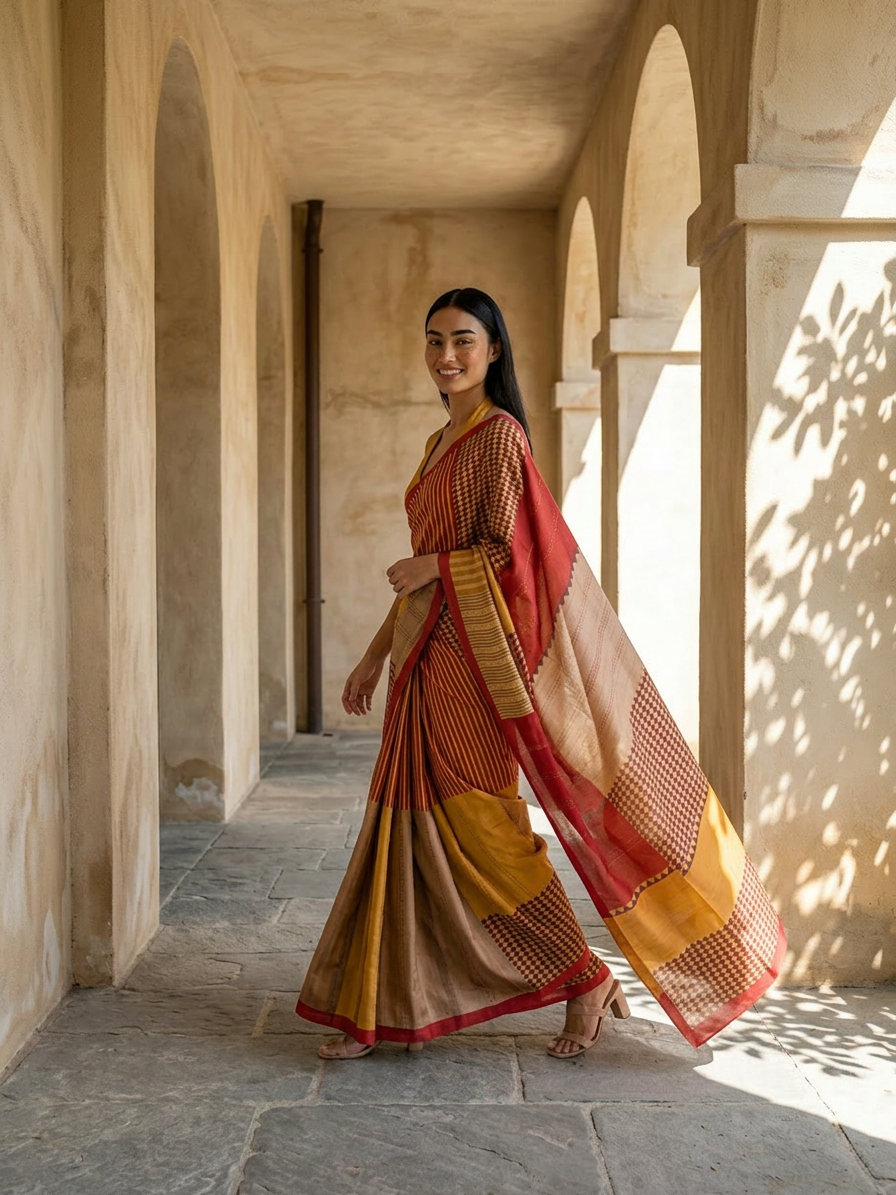 CORAL GEOMETRIC DESIGN SAREE - Crimson Red