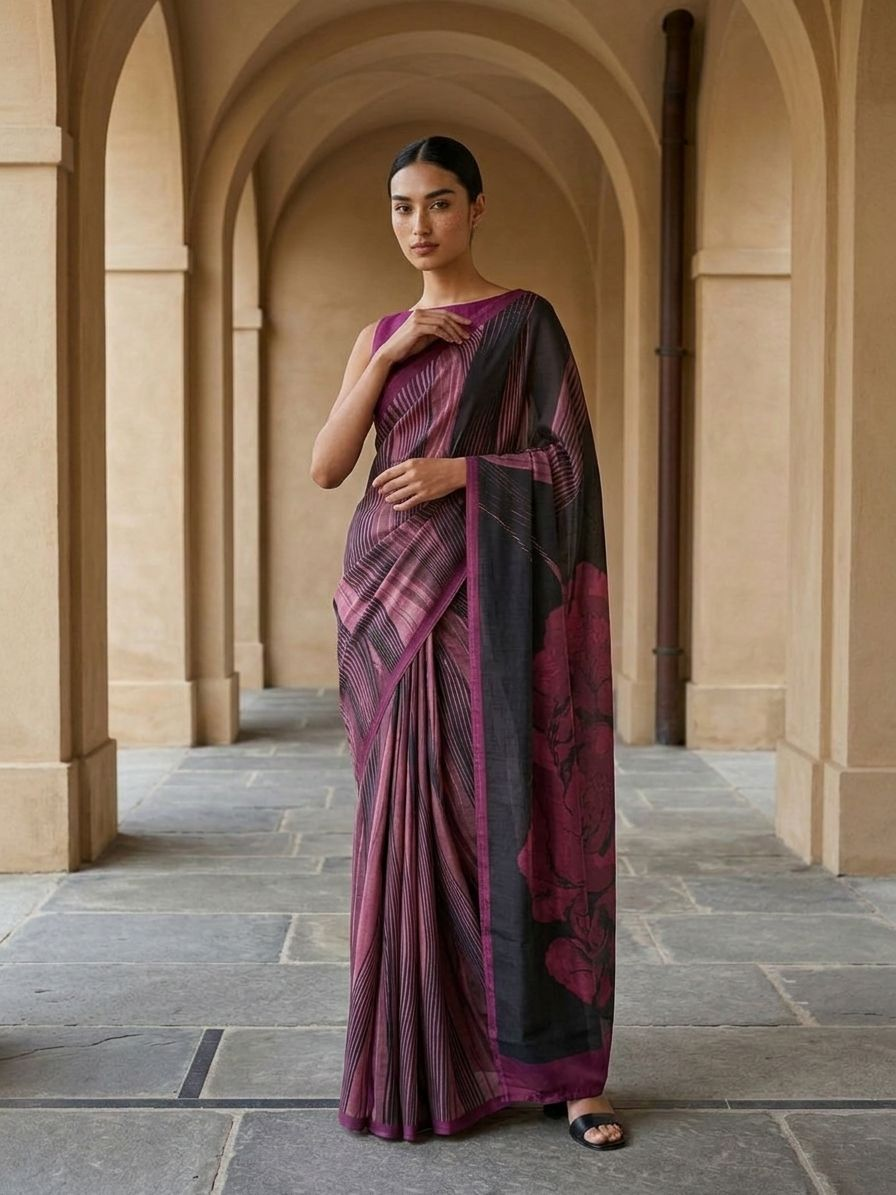 Maroon Color Leher Veil Saree In Geometric Design On Modal Satin  Fabric