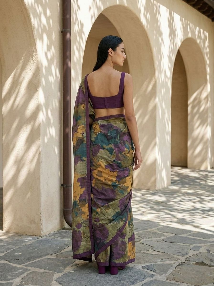 Maroon Color Geomteric Leaf Design On Raw Artsilk Fabric