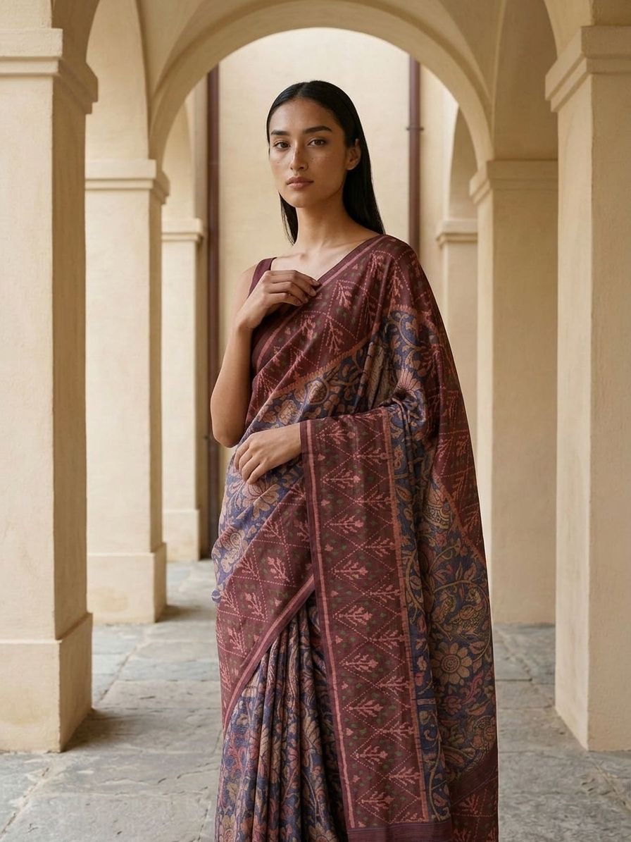 Indigo Blue Kalamkari print with Patola Border On Raw Artsilk Fabric