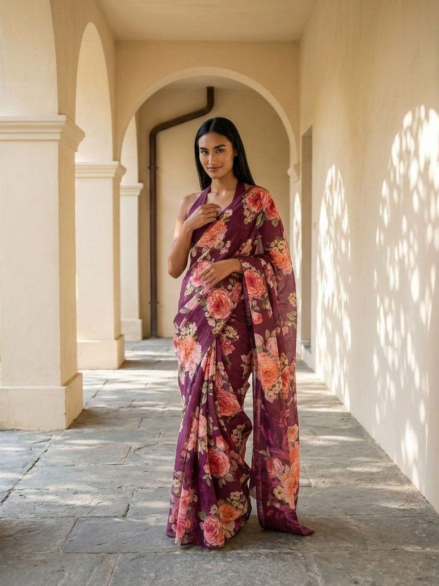 FLORA SAREE - Wine Maroon