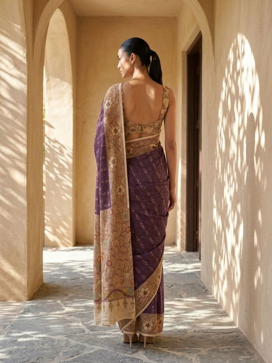 Purple Ikkat With Kalamkari Print On Raw Art Silk Fabric