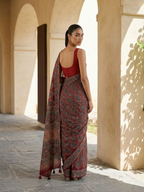 Red Rich Ajrakh Saree On Modal Satin Fabric