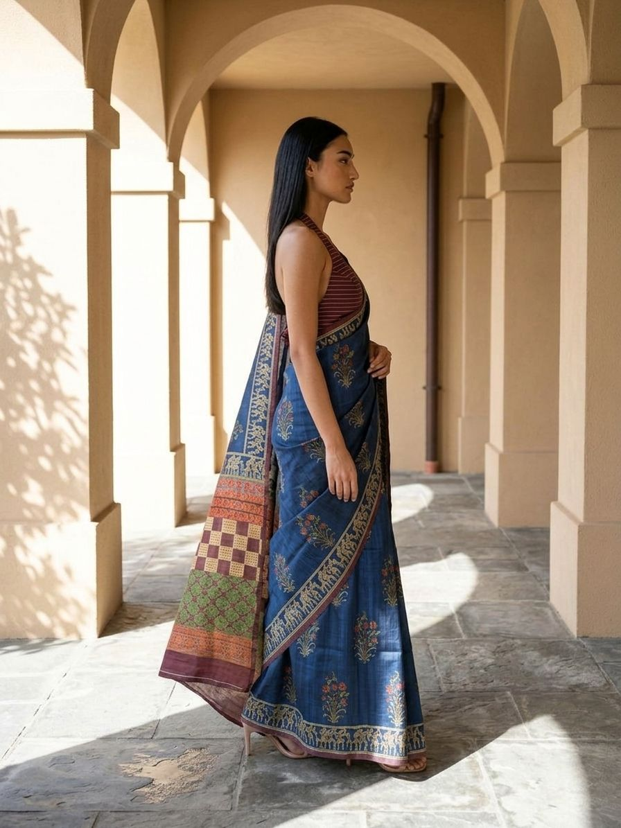 Ajarak Block With Bagru Print  On Tusser Silk Saree