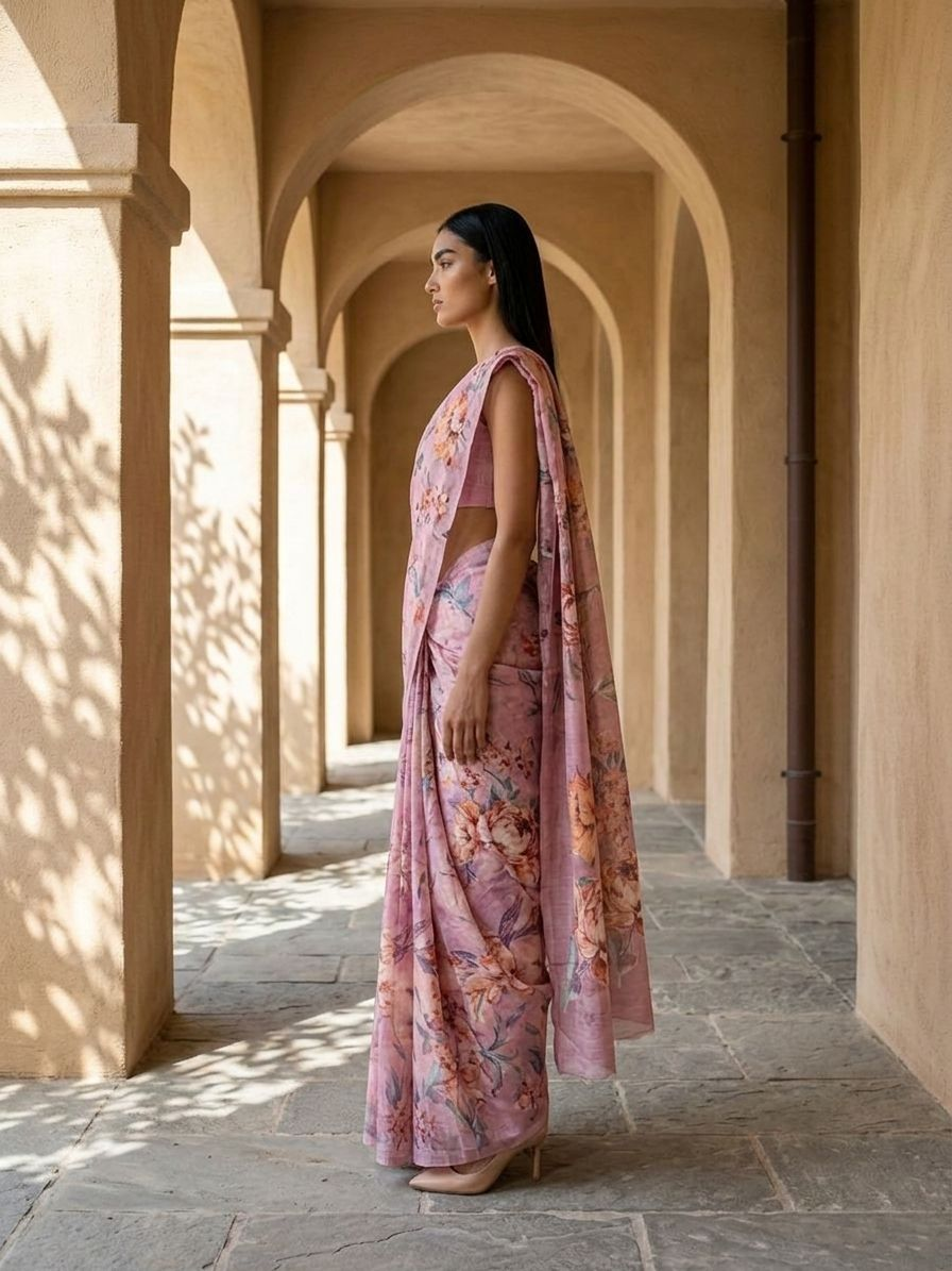 Gul Saree - Unique FLoral Design Digital Print On Tusser Silk