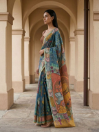 Blue Kalamkari Saree on Banarasi ArtSilk Fabric