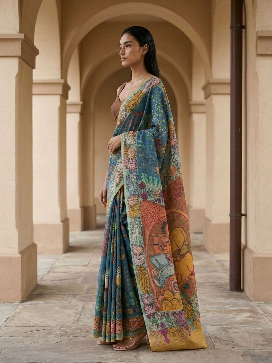 Blue Kalamkari Saree on Banarasi ArtSilk Fabric
