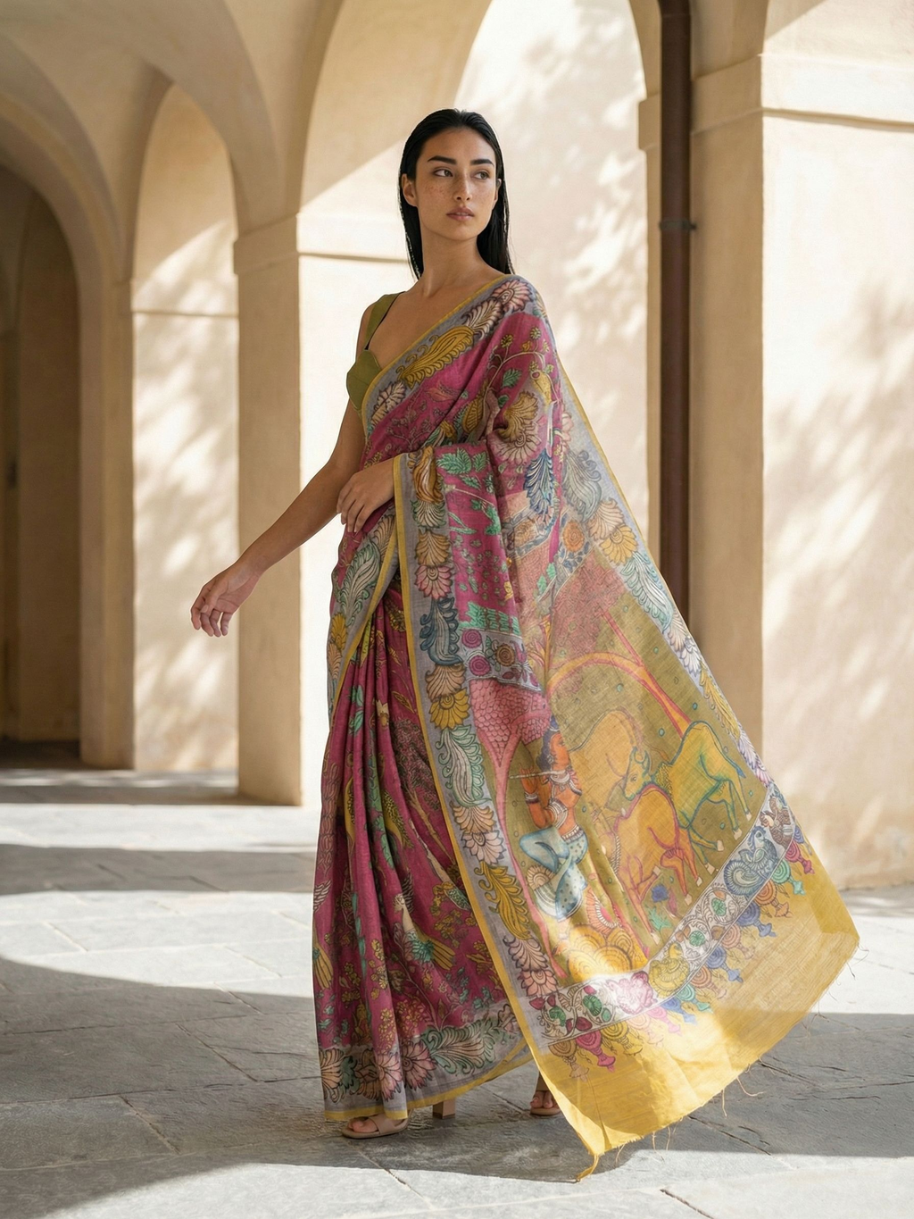 Red Kalamkari Saree on Banarasi Artsilk Fabric