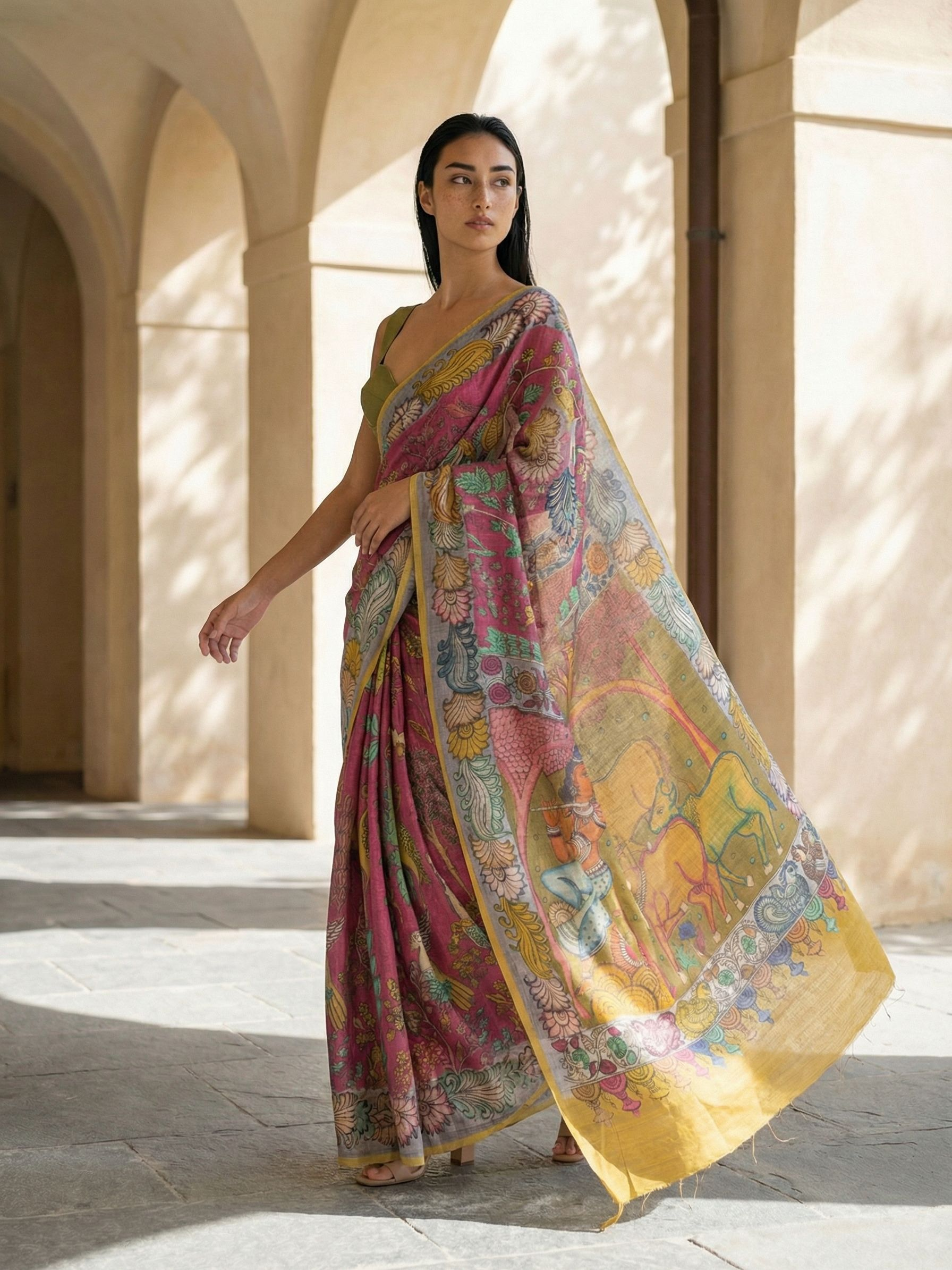 Red Kalamkari Saree on Banarasi Artsilk Fabric