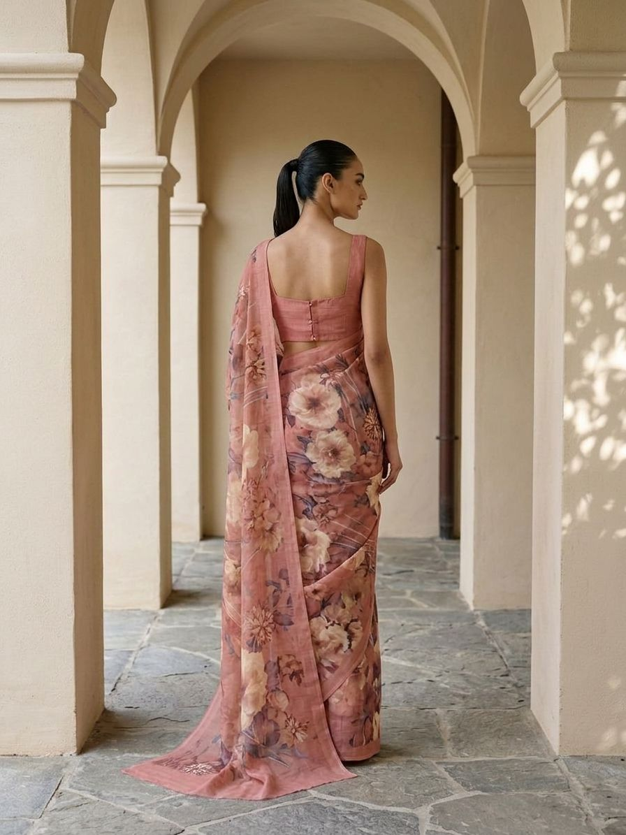 Dusty Rose Floral On Mulberry Silk Saree