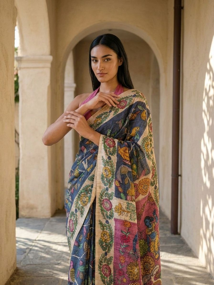 Deep Blue Color Kalamkari Print on Banarasi ArtSilk Saree
