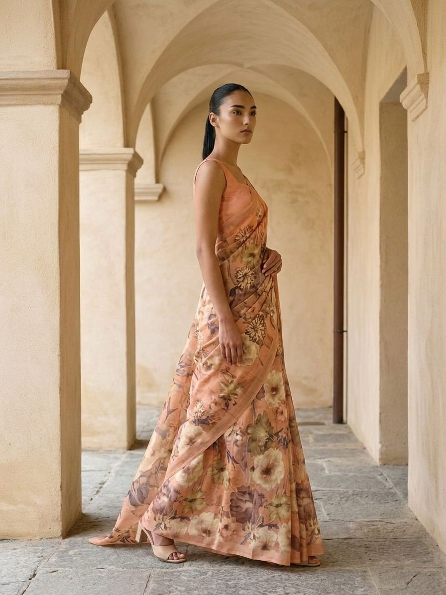 FLORAL DESIGN SAREE - Ivory Cream