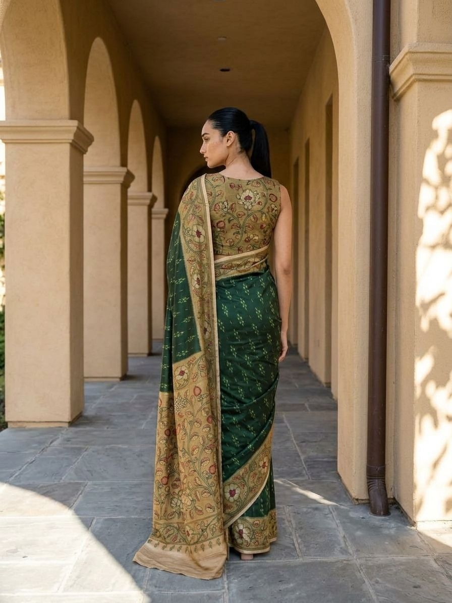Deep Forest Green Ikkat With Kalamkari Print On Raw ArtSilk Fabric