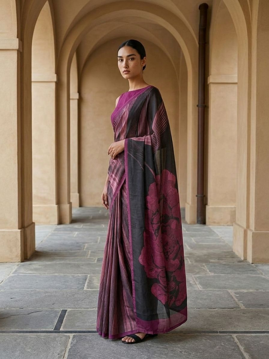 Maroon Color Leher Veil Saree In Geometric Design On Modal Satin  Fabric