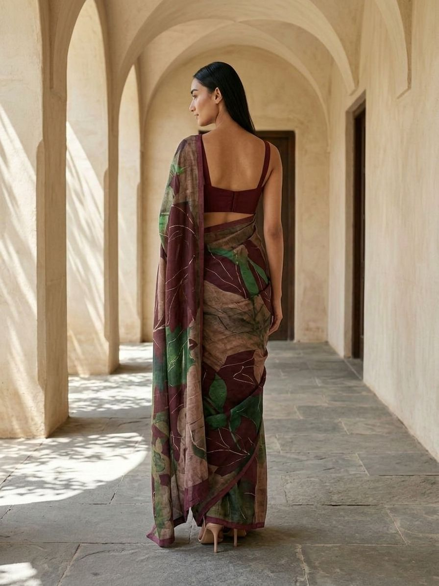 Maroon Color Abstract Digital Print Saree On Modal Satin
