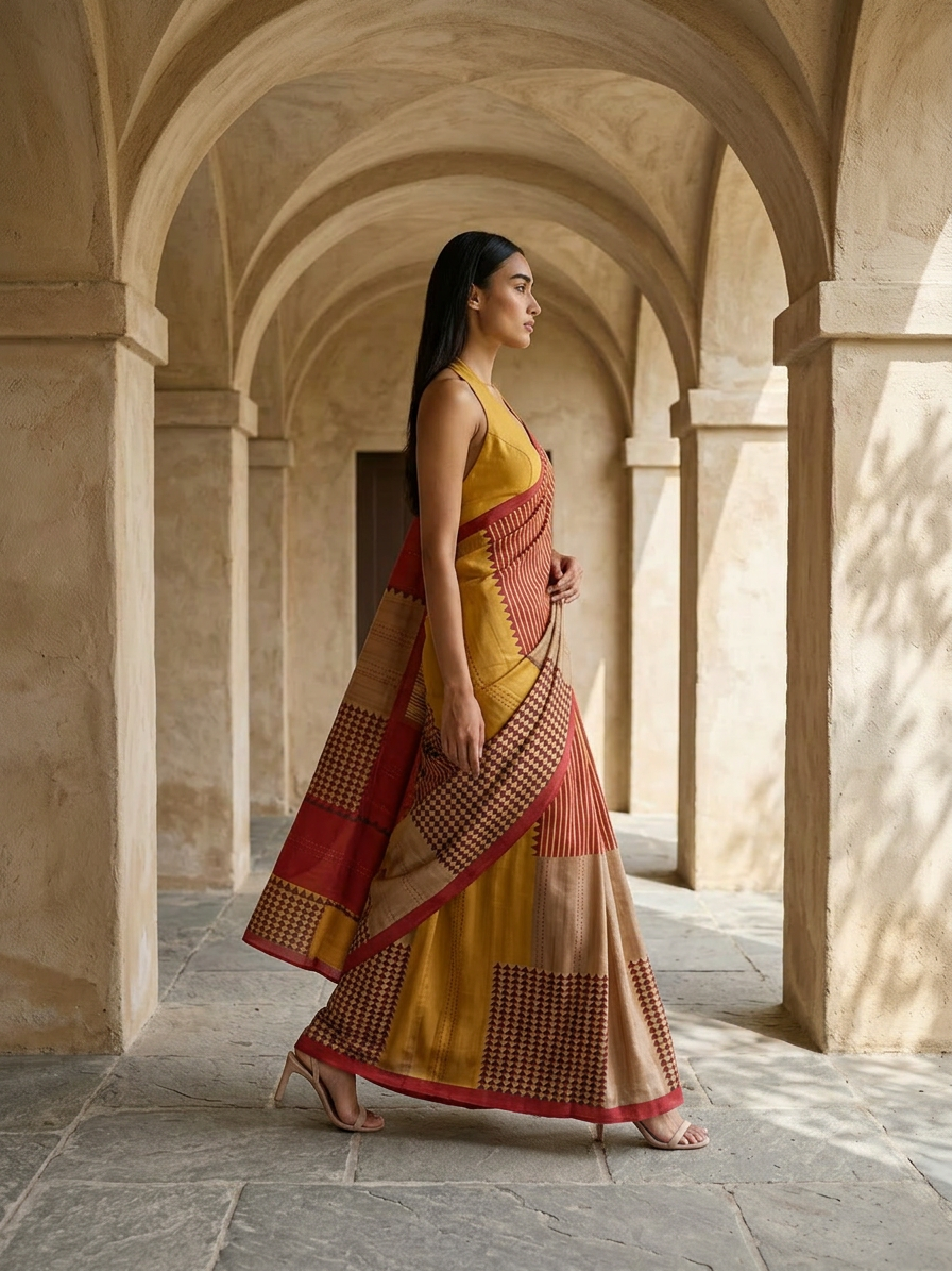 Red With Yellow Color Coral Geometric Pattern on Modal Satin Fabric