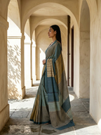Navy Blue With Tusser Color Coral Geomteric Design On Modal Satin Fabric