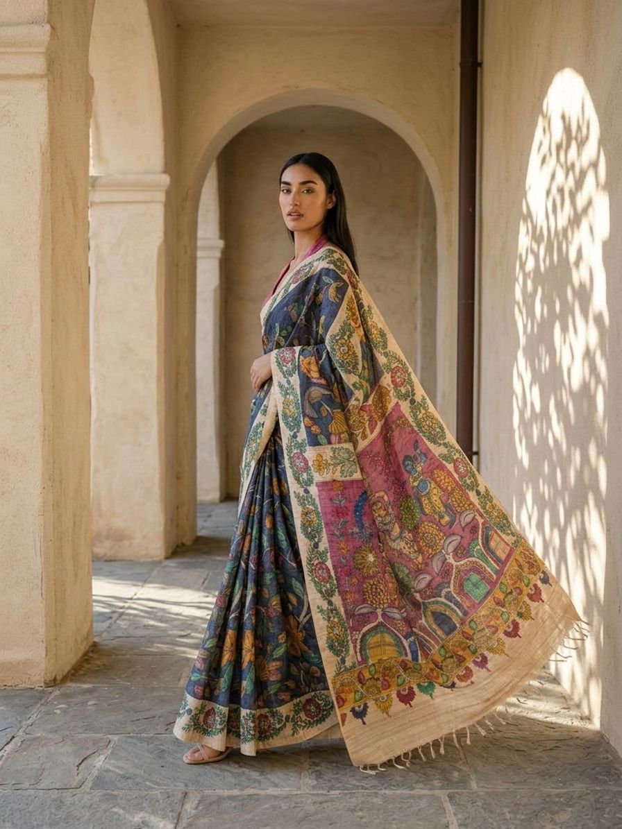 Deep Blue Color Kalamkari Print on Banarasi ArtSilk Saree