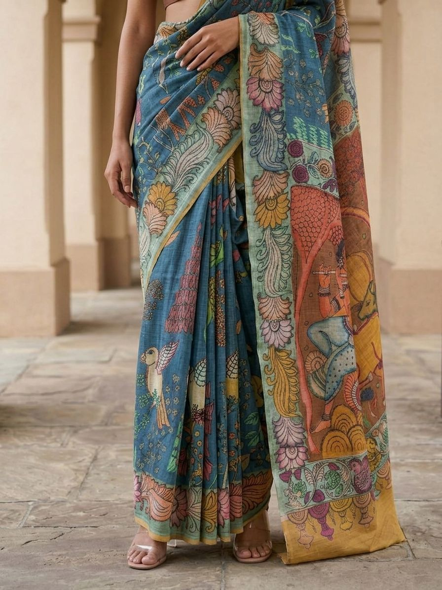 Blue Kalamkari Saree on Banarasi ArtSilk Fabric