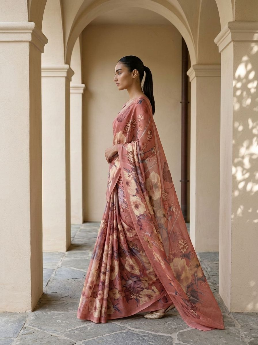 Dusty Rose Floral On Mulberry Silk Saree