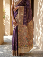 Purple Ikkat With Kalamkari Print On Raw Art Silk Fabric