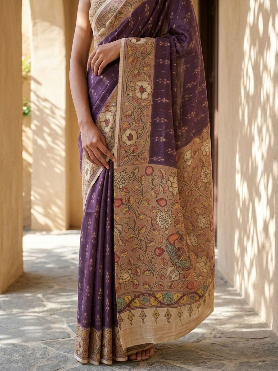 Purple Ikkat With Kalamkari Print On Raw Art Silk Fabric