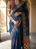 Ajarak Block With Bagru Print  On Tusser Silk Saree
