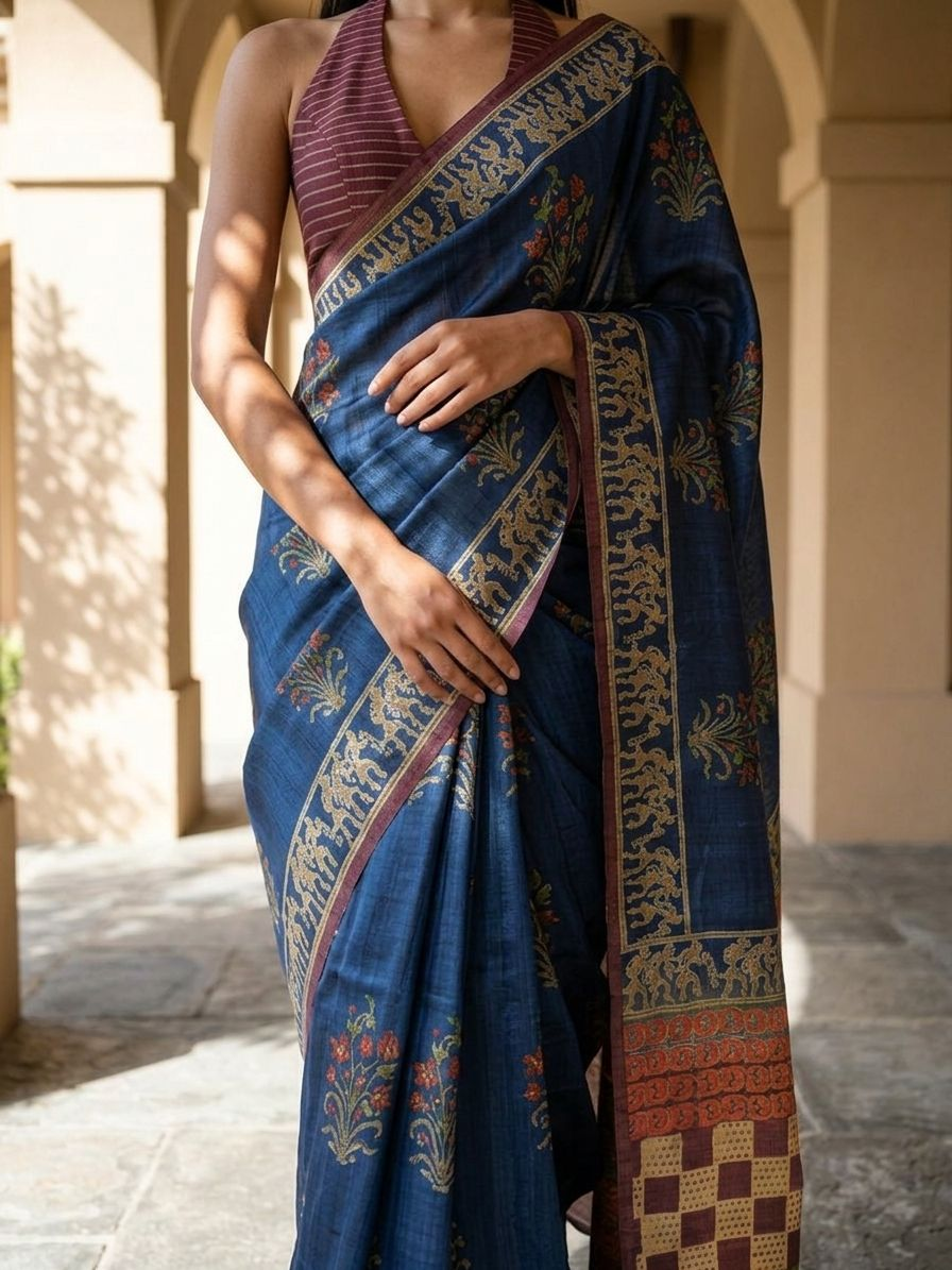 Ajarak Block With Bagru Print  On Tusser Silk Saree