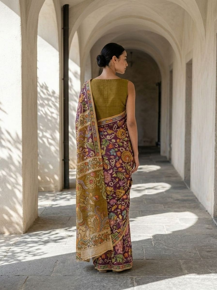Maroon Lotus Kalamkari On Banarasi ArtSilk Fabric