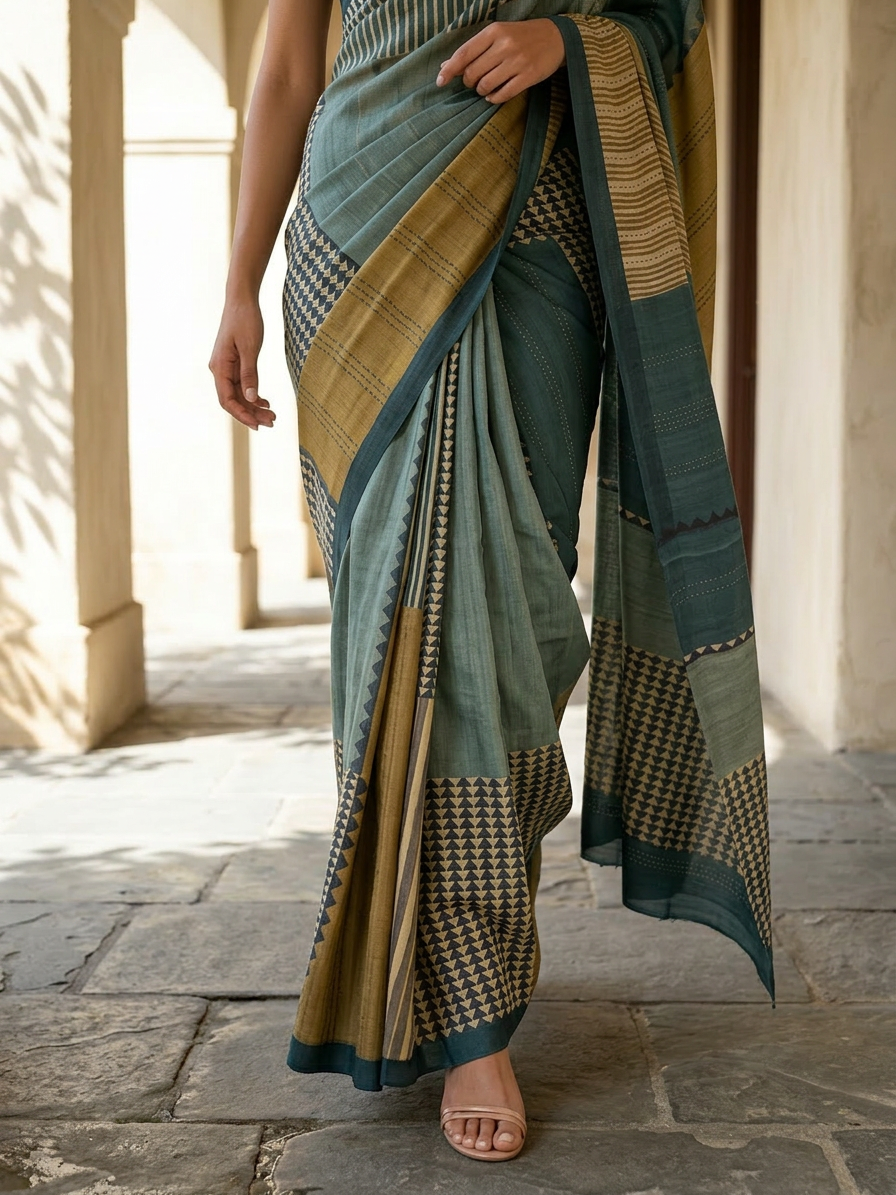 Navy Blue With Tusser Color Coral Geomteric Design On Modal Satin Fabric