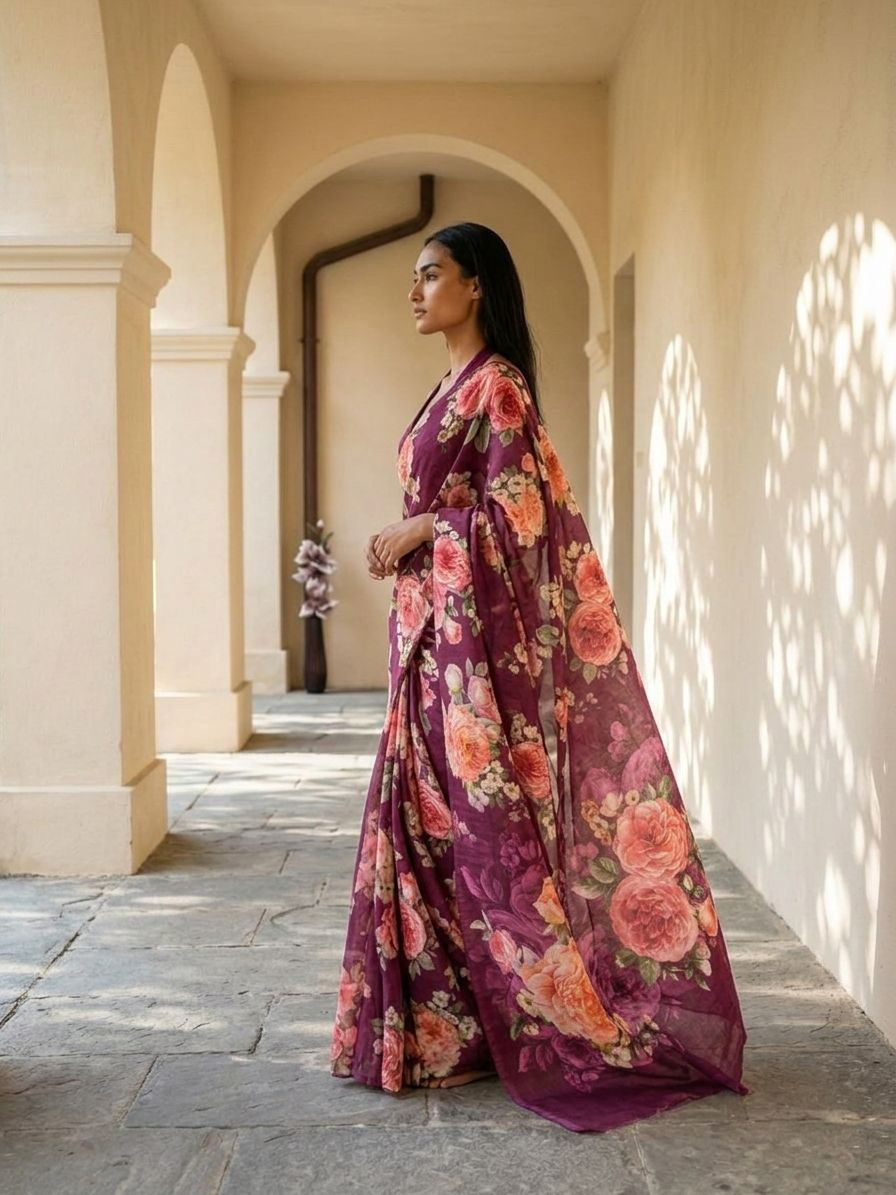 FLORA SAREE - Wine Maroon