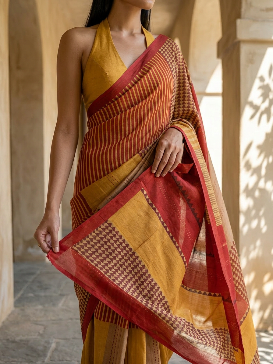 CORAL GEOMETRIC DESIGN SAREE - Crimson Red