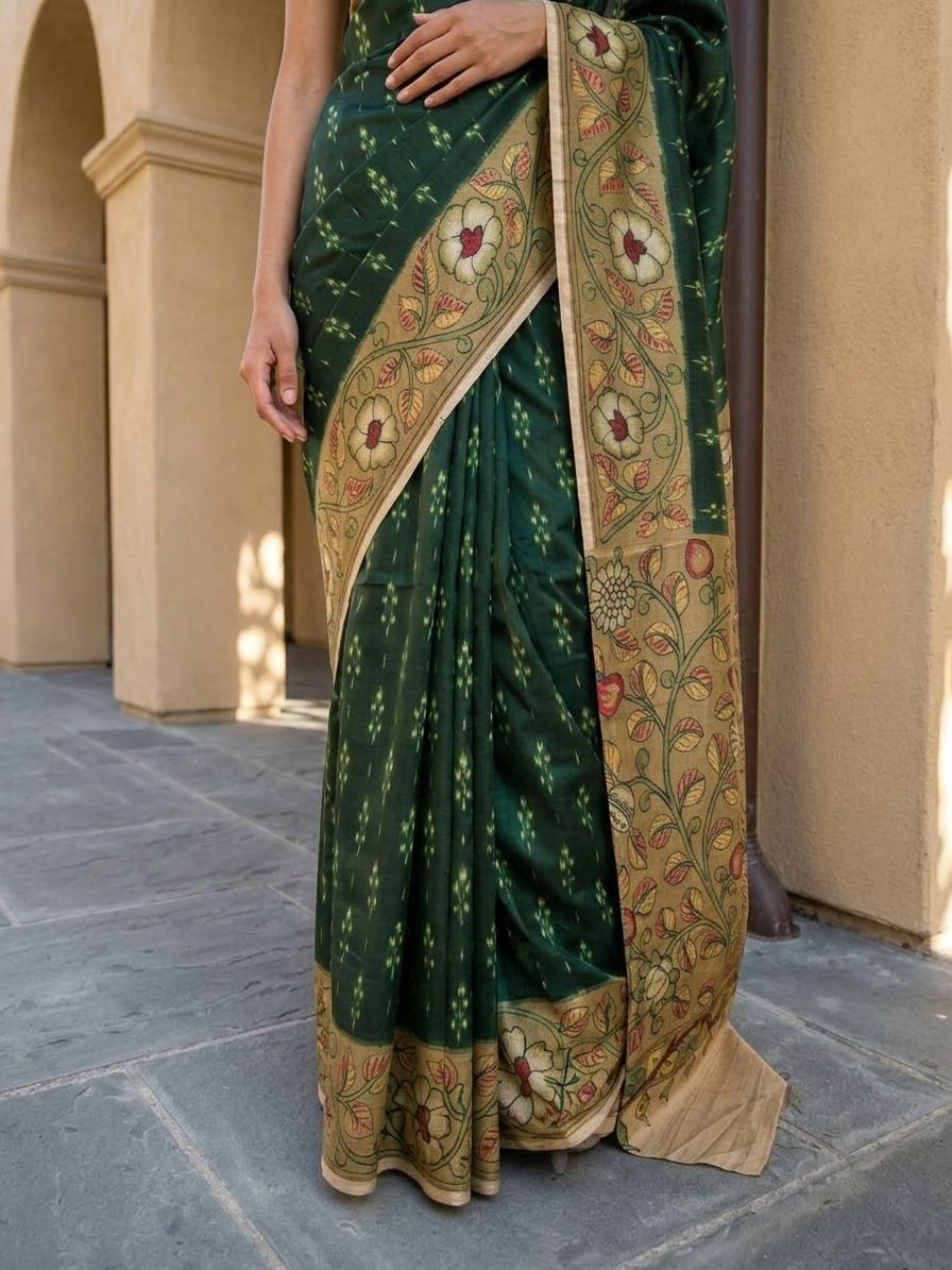 Deep Forest Green Ikkat With Kalamkari Print On Raw ArtSilk Fabric